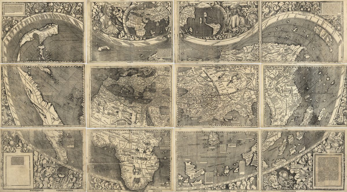 Waldseemüller's 1507 world map Universalis Cosmographia: twelve woodcut sheets showing the Americas as a thin continent on the left, with portraits of Ptolemy and Vespucci at the top