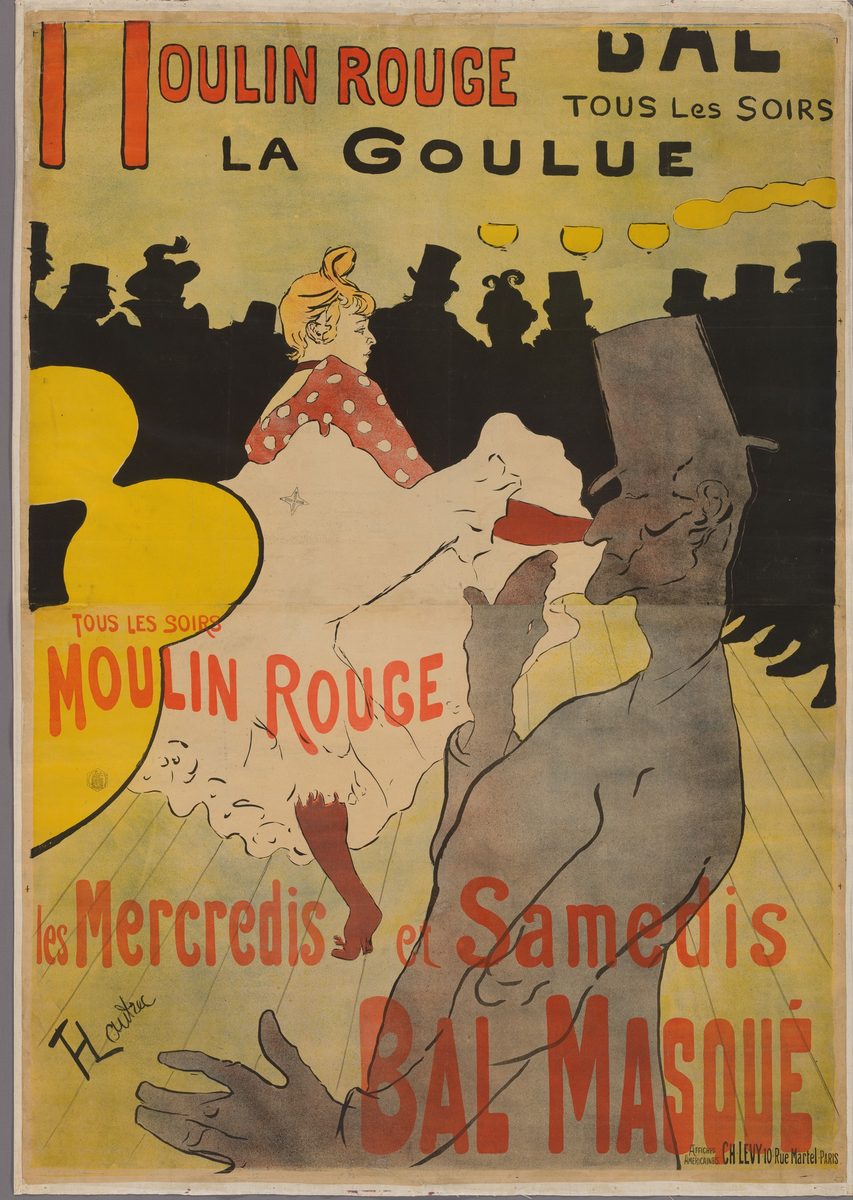 Toulouse-Lautrec's Moulin Rouge La Goulue poster: a dancer in a white blouse kicking, a grey silhouetted partner in front and a black frieze of spectators behind