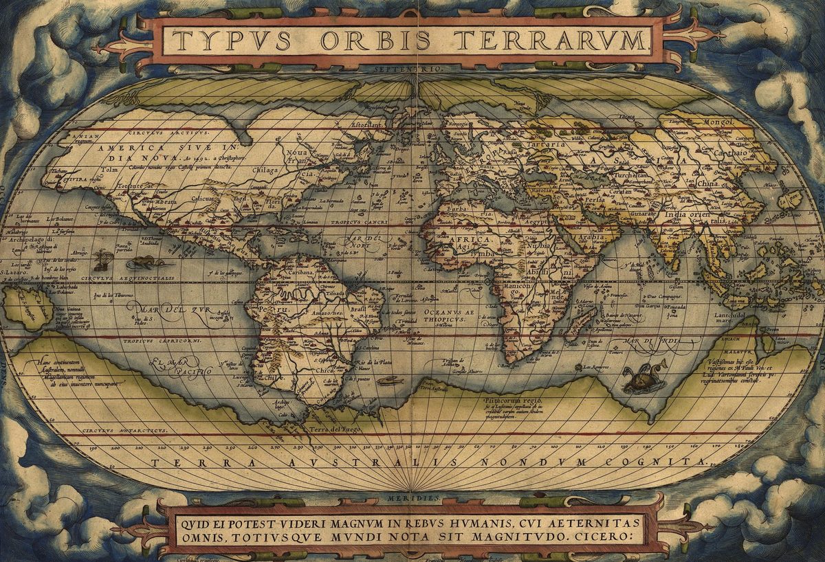 Ortelius's 1570 world map Typus Orbis Terrarum: an oval map of the world with a large southern continent, framed by strapwork and clouds