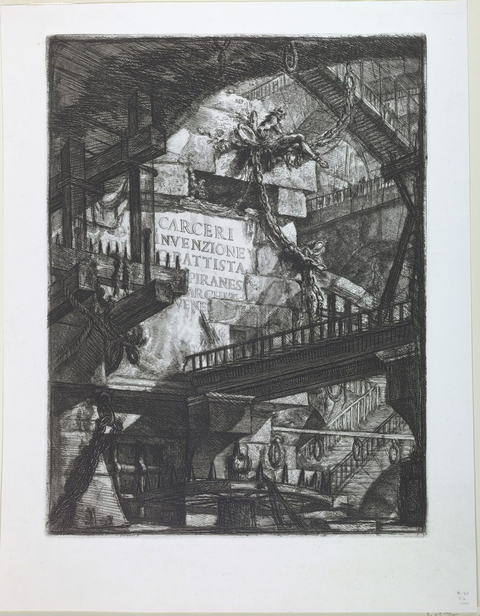 Piranesi's Carceri d'Invenzione title plate: a vast vaulted prison interior with the title on a hanging stone slab, chains, bridges and tiny figures