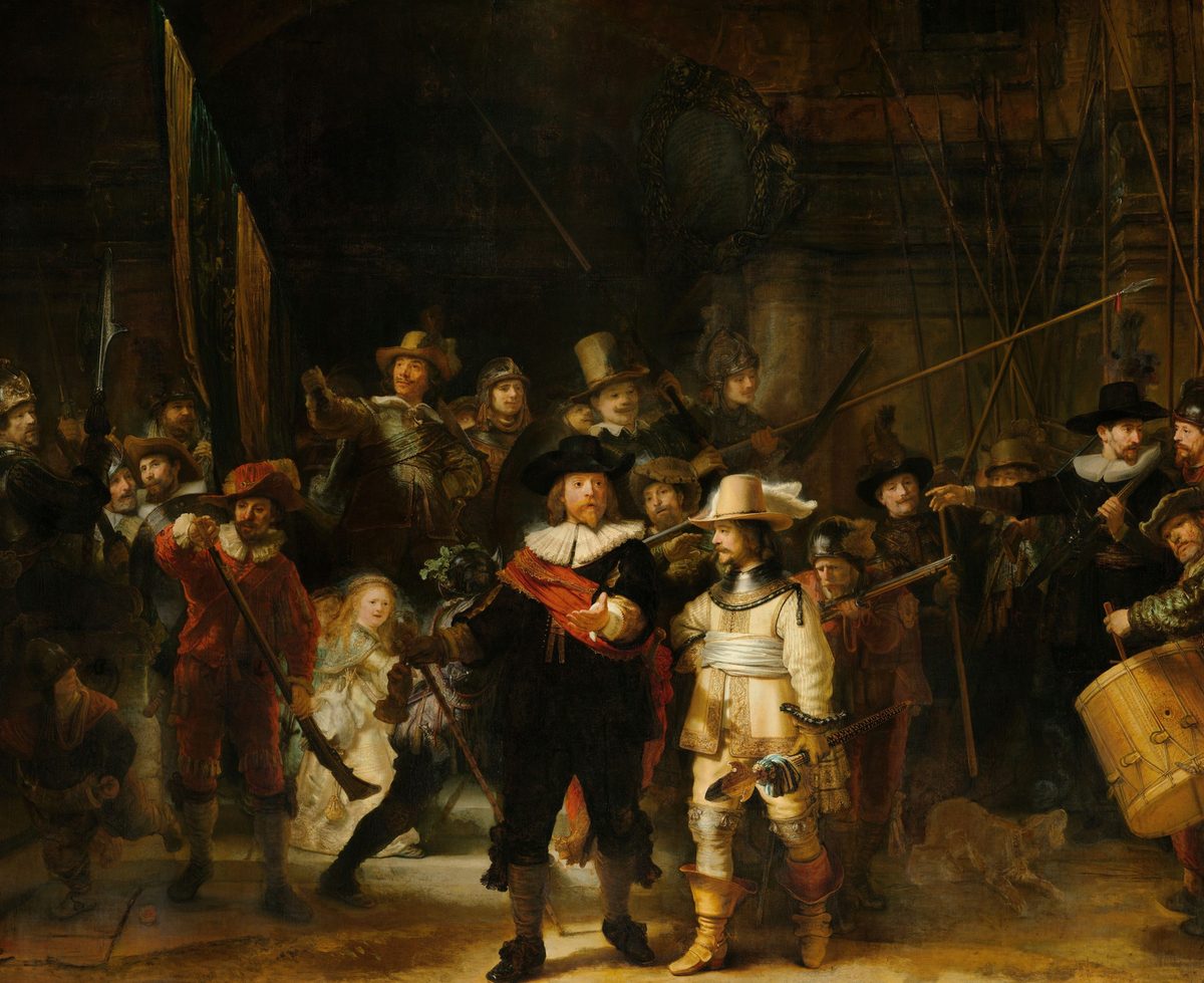 Rembrandt's The Night Watch: a militia company striding out of a gateway behind a captain in black and a lieutenant in yellow, a girl in gold lit among them