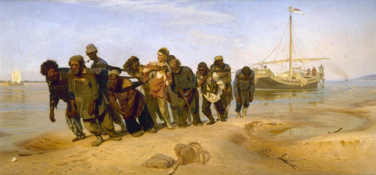 Repin's Barge Haulers on the Volga: eleven men in harness dragging a barge along a sandy riverbank under a hot sky