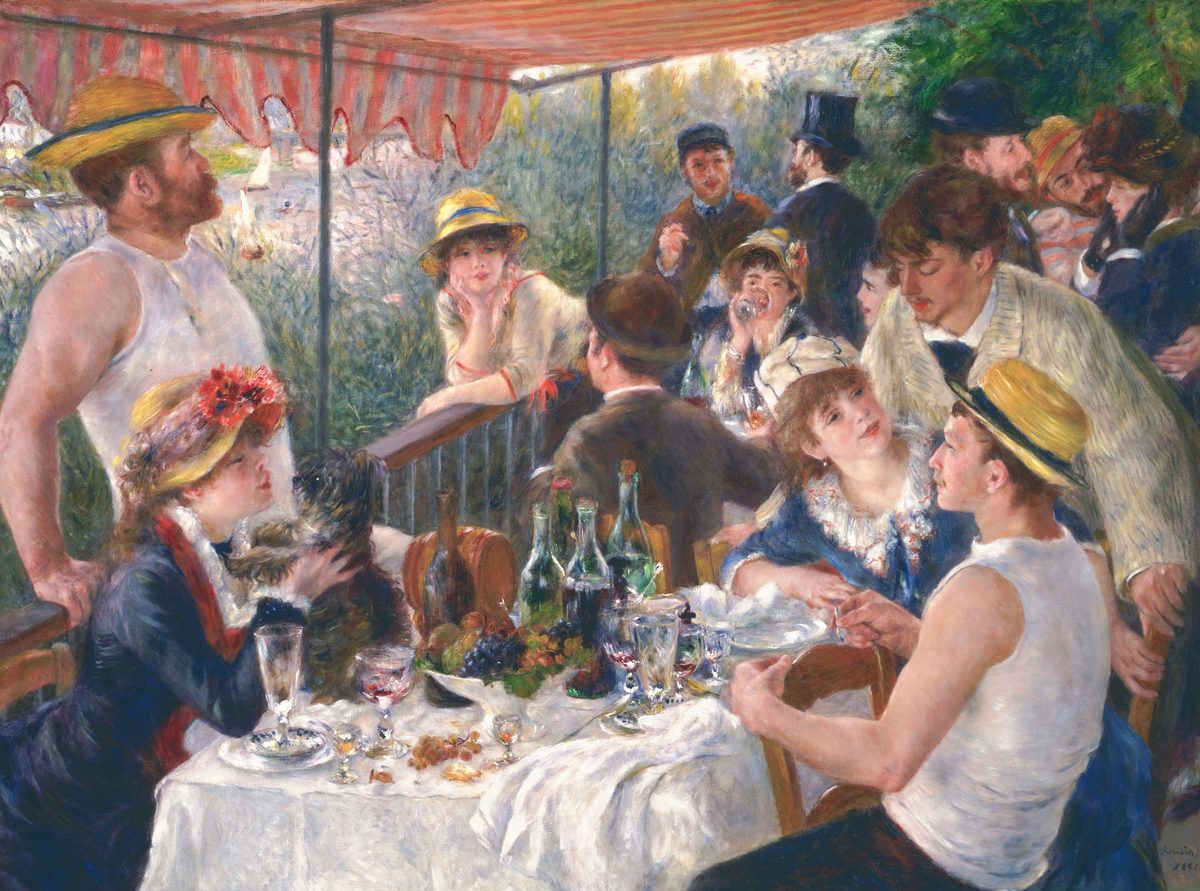 Renoir's Luncheon of the Boating Party: friends in straw hats around the remains of lunch on a sunlit balcony above the Seine