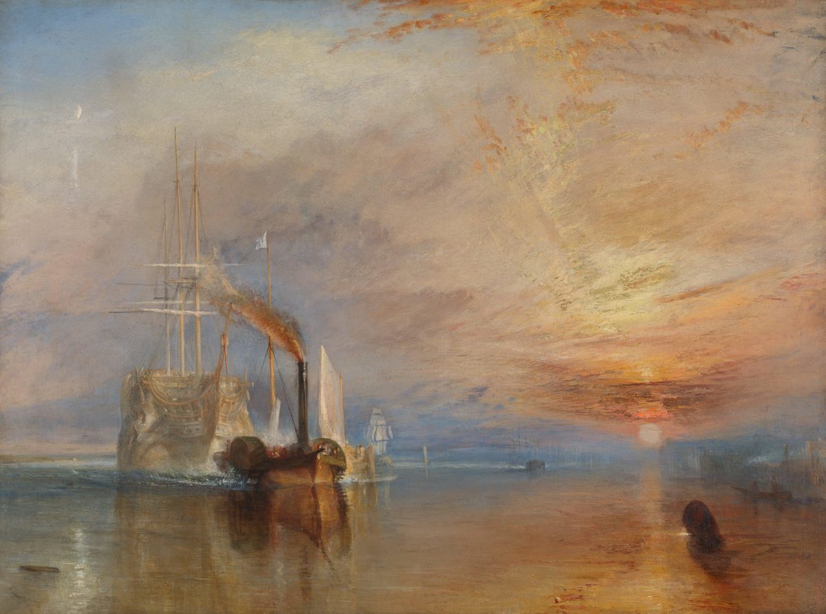 Turner's The Fighting Temeraire: a pale tall ship towed by a dark steam tug up the Thames beneath a blazing red and gold sunset