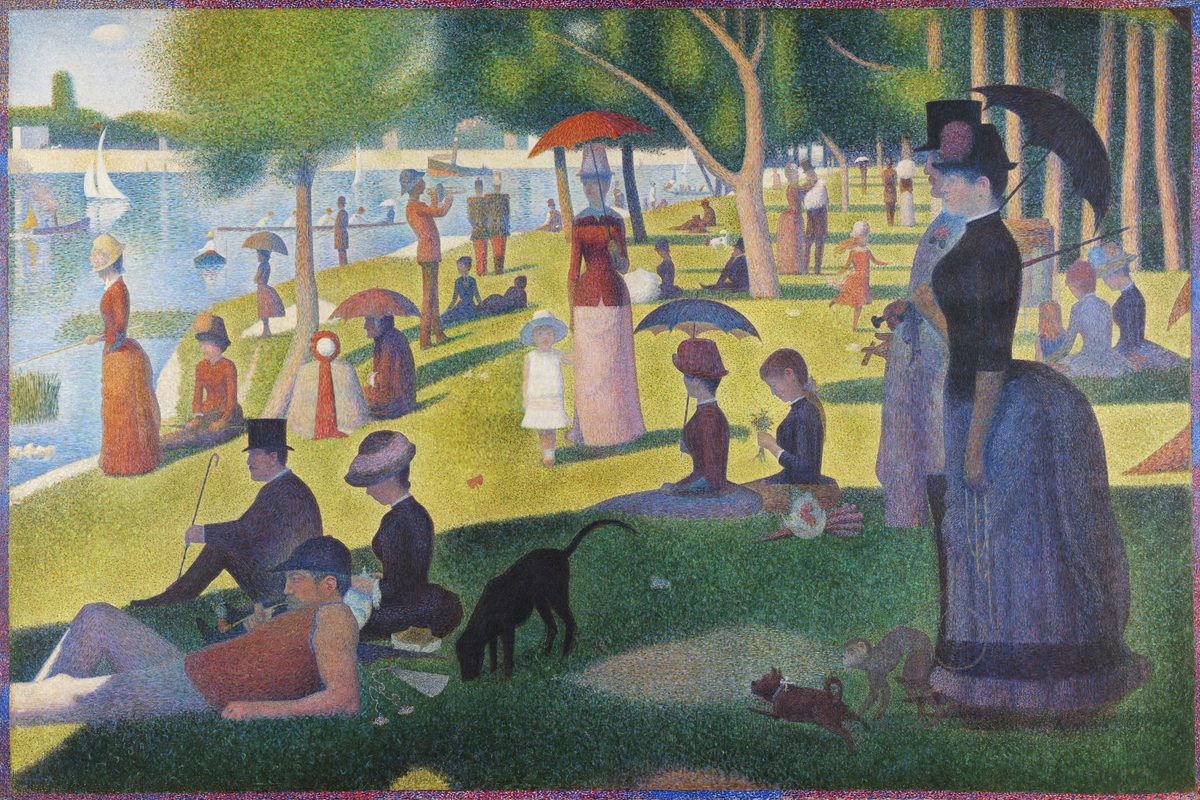 Seurat's A Sunday Afternoon on La Grande Jatte: Parisians with parasols and top hats on a sunlit riverbank, painted in small dots of colour