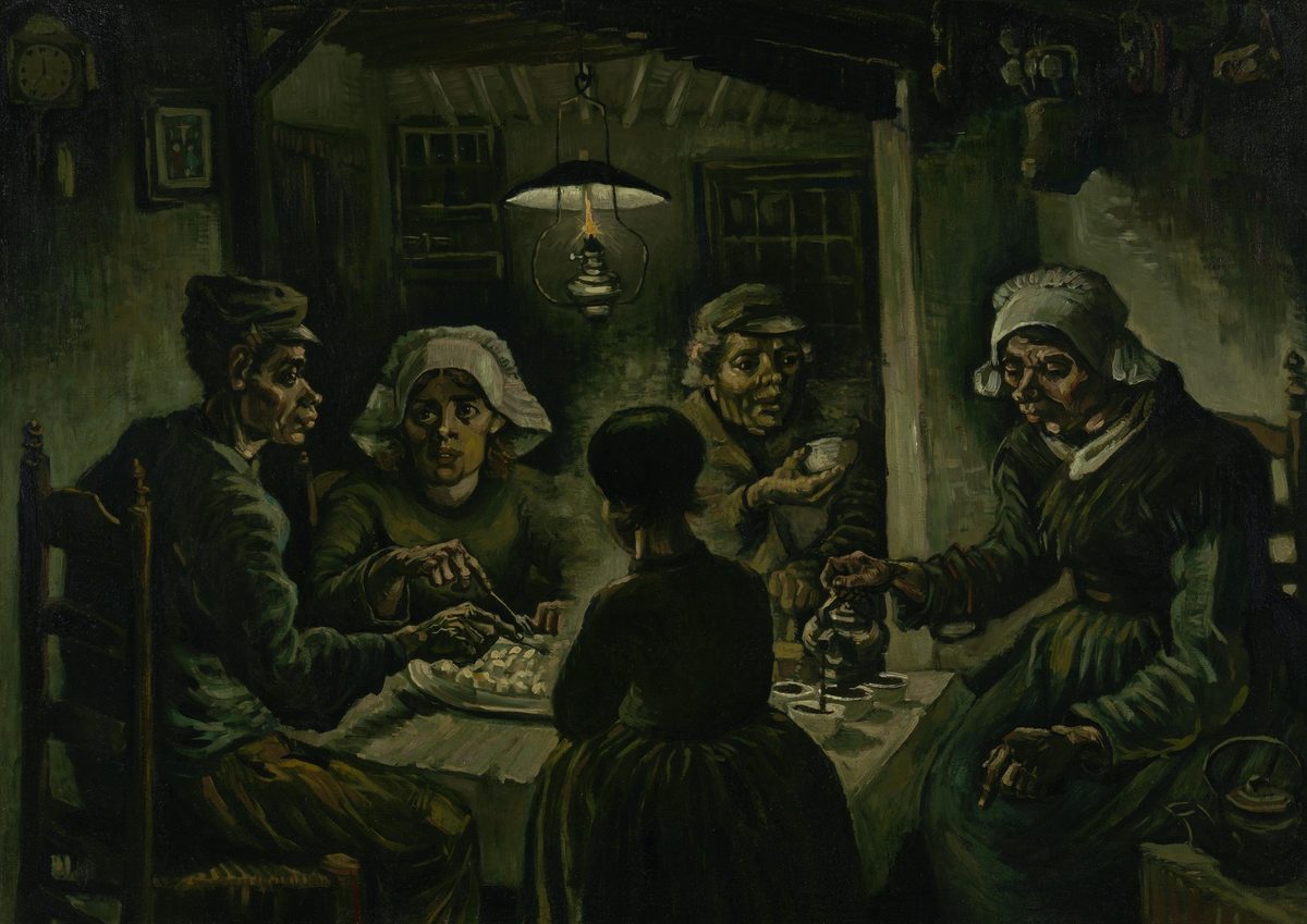 Van Gogh's The Potato Eaters: five peasants around a table in a dark cottage sharing potatoes under a single oil lamp
