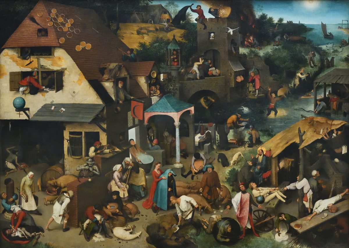 Bruegel's Netherlandish Proverbs: a crowded village scene in which over a hundred figures act out Dutch proverbs