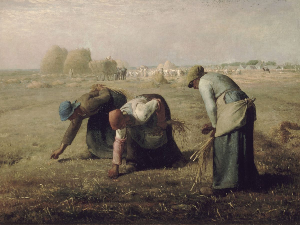 Millet's The Gleaners: three peasant women bending to gather wheat stalks in a stubble field, with haystacks and harvesters in the sunlit distance