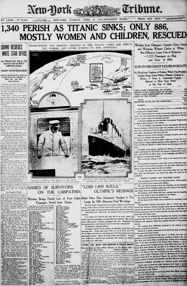 Front page of the New-York Tribune for 16 April 1912 with the headline reporting the sinking of the Titanic, on a tinted mat