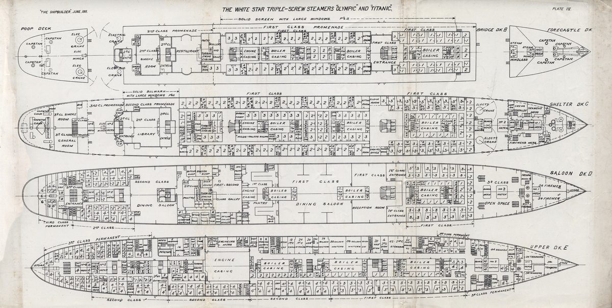 1911 deck plan of the Olympic and Titanic from The Shipbuilder: the boat, promenade and bridge decks drawn cabin by cabin on a tinted mat