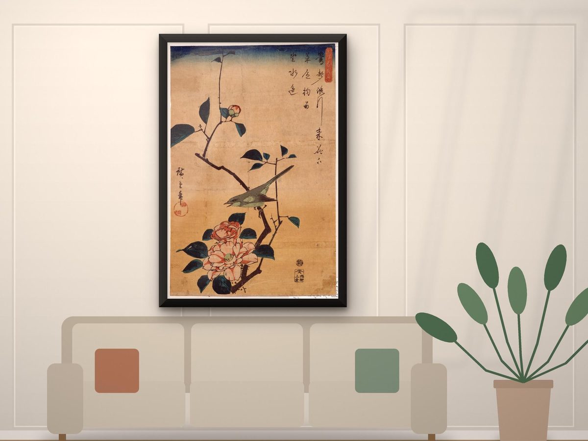 Utagawa Hiroshige Warbler and Camellia Print, Japanese Woodblock Bird and Flower Art, Living Room Decor, Vintage Poster