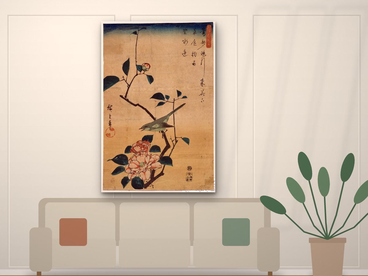Utagawa Hiroshige Warbler and Camellia Print, Japanese Woodblock Bird and Flower Art, Living Room Decor, Gallery Wrapped Canvas