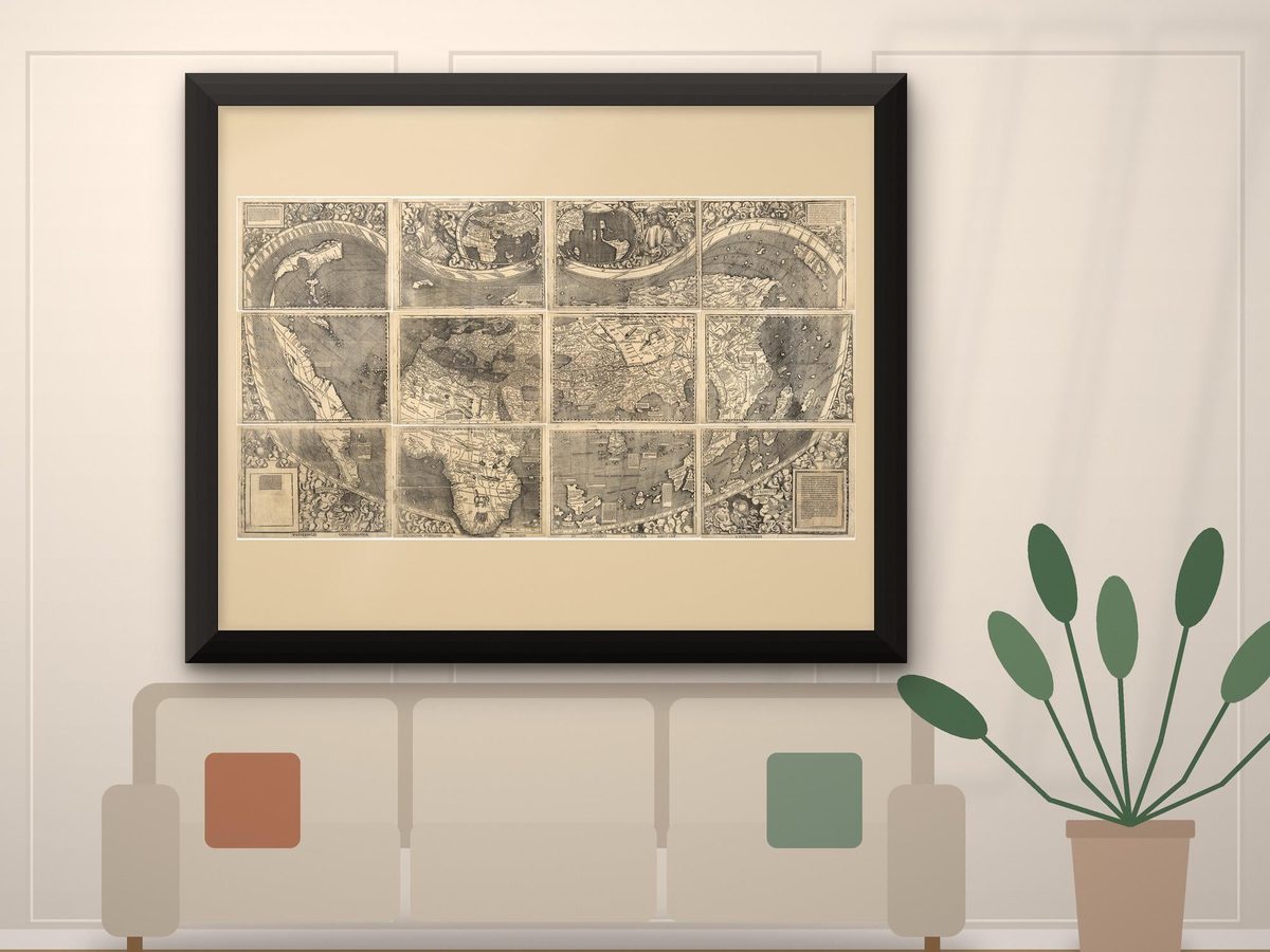 Martin Waldseemuller 1507 World Map Print, Universalis Cosmographia, First Map to Name America, Antique Cartography Poster (Framed Art)