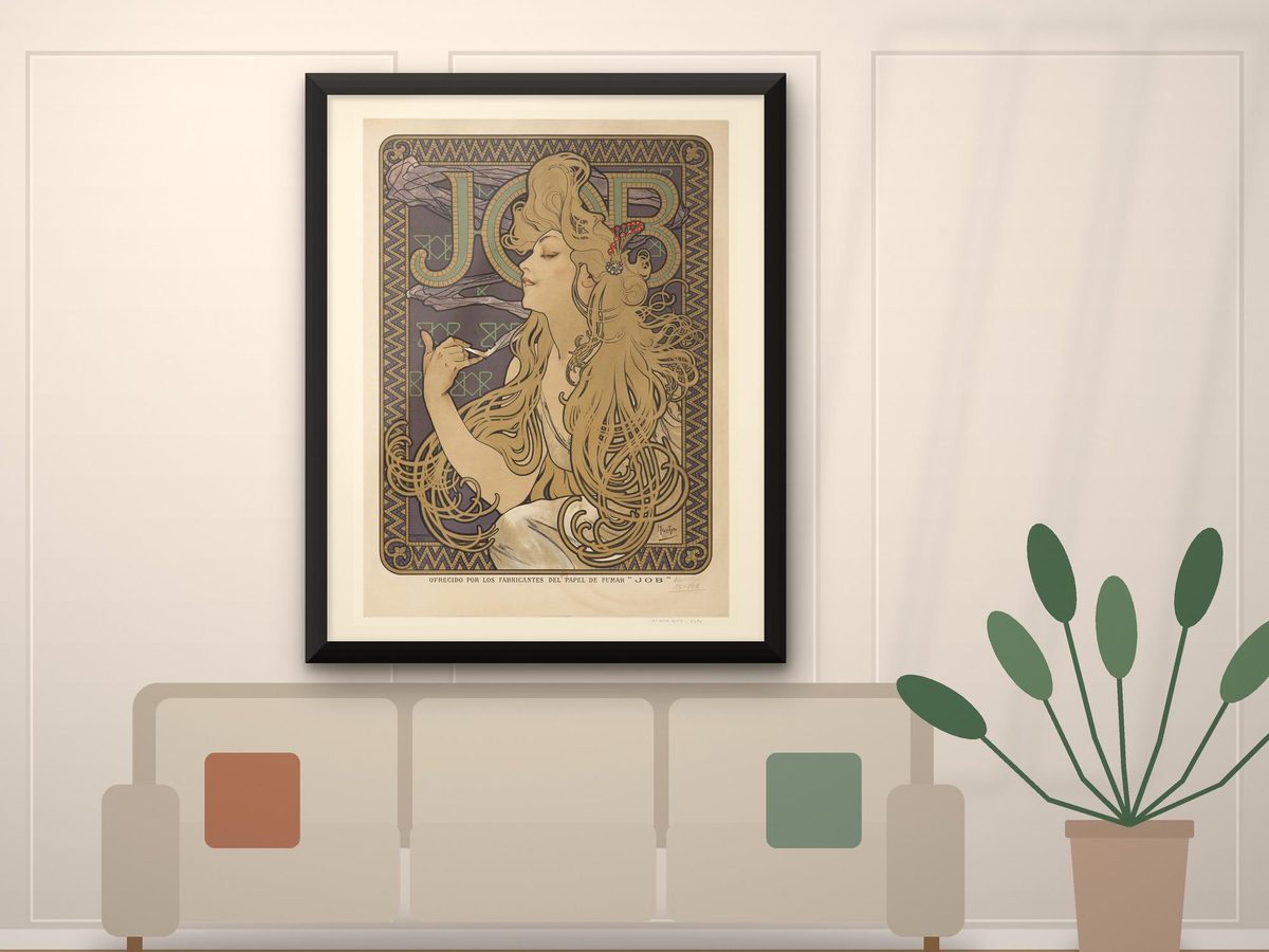 Alphonse Mucha JOB 1896 Print, Art Nouveau Woman Wall Art, Vintage French Poster, Living Room Decor, Framed Art Print