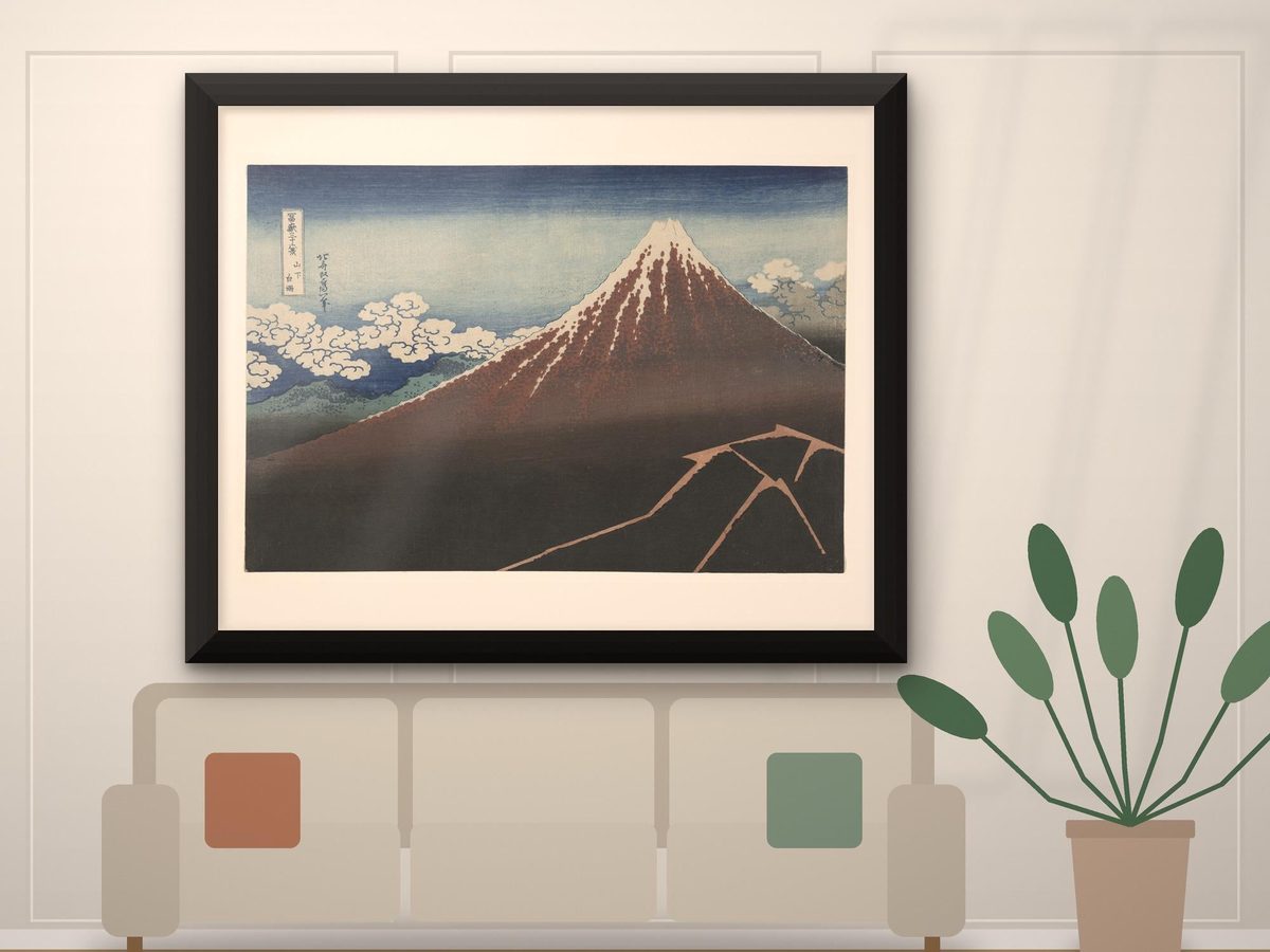 Hokusai Black Fuji c1830 Print, Shower Below the Summit, Japanese Woodblock Art, Moody Living Room Decor