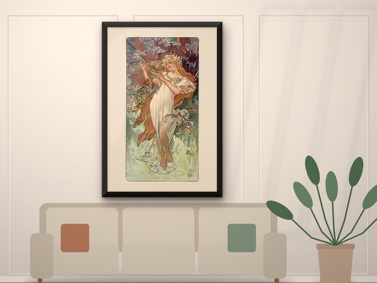 Alphonse Mucha Spring 1896 Print, Les Saisons Art Nouveau Panel, French Wall Art (Framed Canvas)
