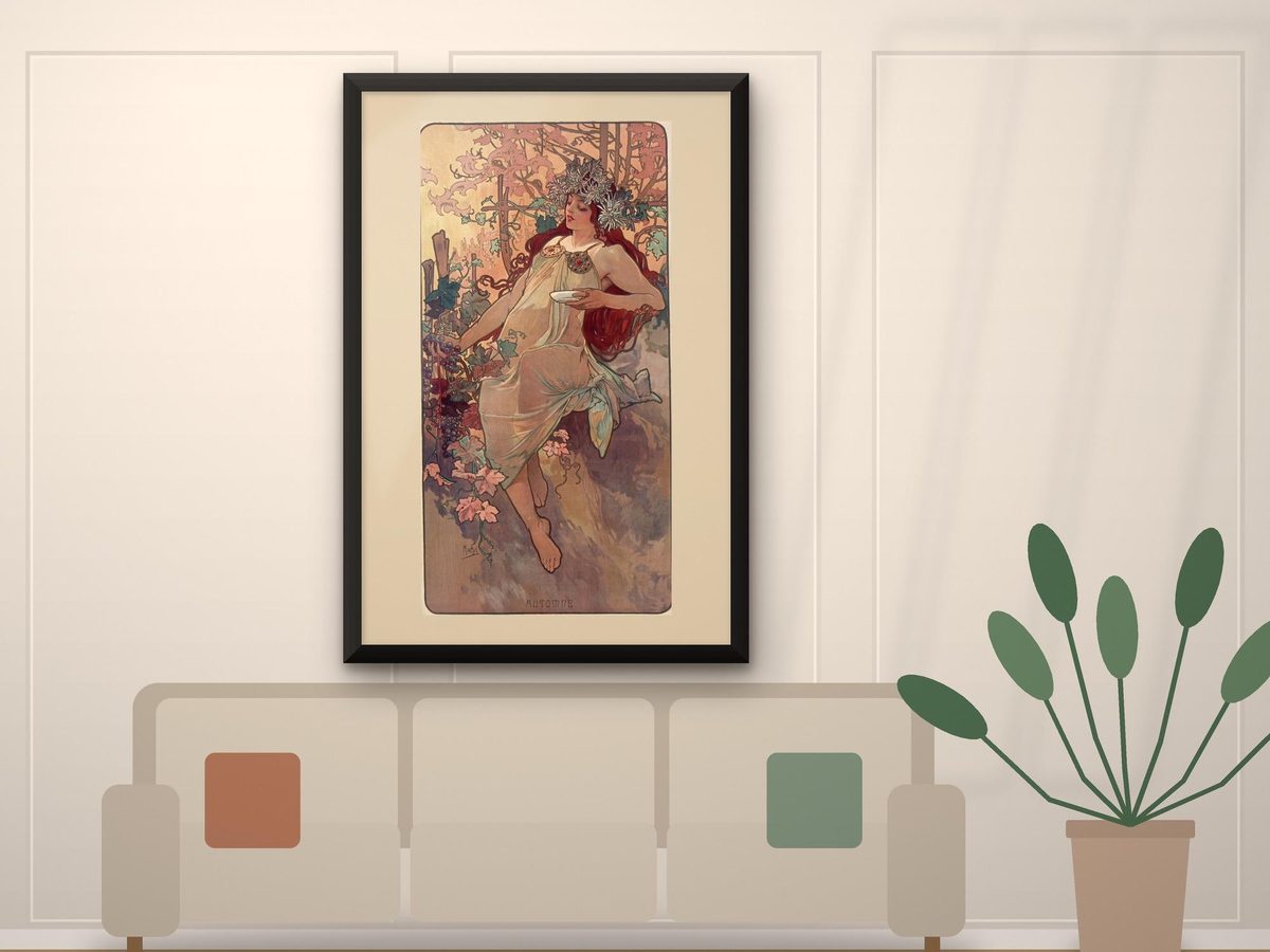 Alphonse Mucha Autumn 1896 Print, Les Saisons Art Nouveau Panel, French Wall Art (Framed Canvas)