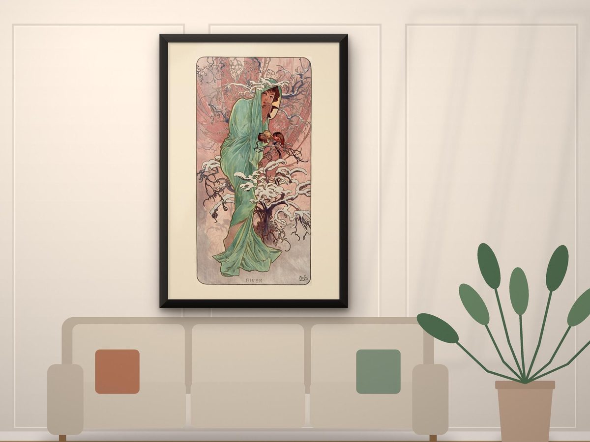 Alphonse Mucha Winter 1896 Print, Les Saisons Art Nouveau Panel, Vintage French Wall Art, Bedroom Decor, Framed Canvas