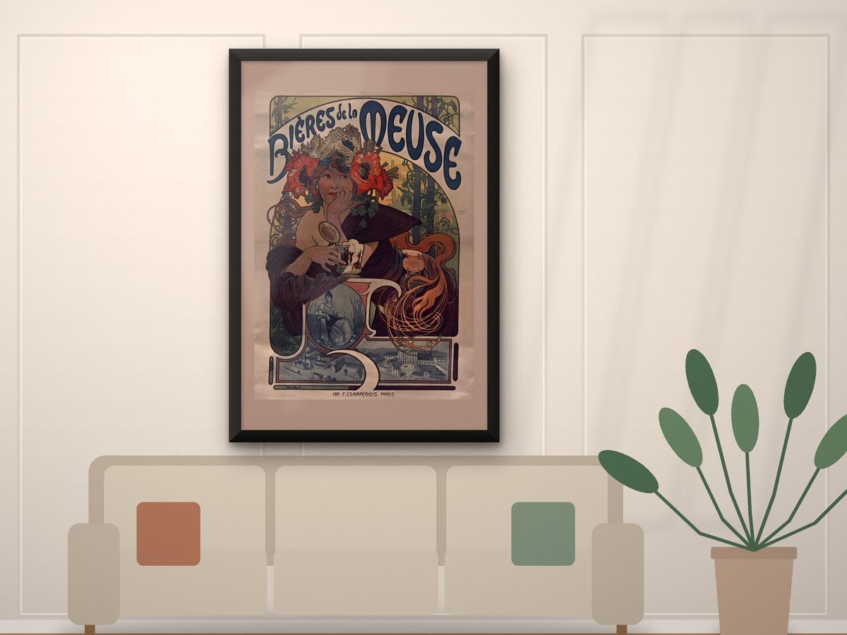 Alphonse Mucha Bieres de la Meuse 1897 Print, Art Nouveau Beer Poster, Belle Epoque Wall Art (Framed Canvas)