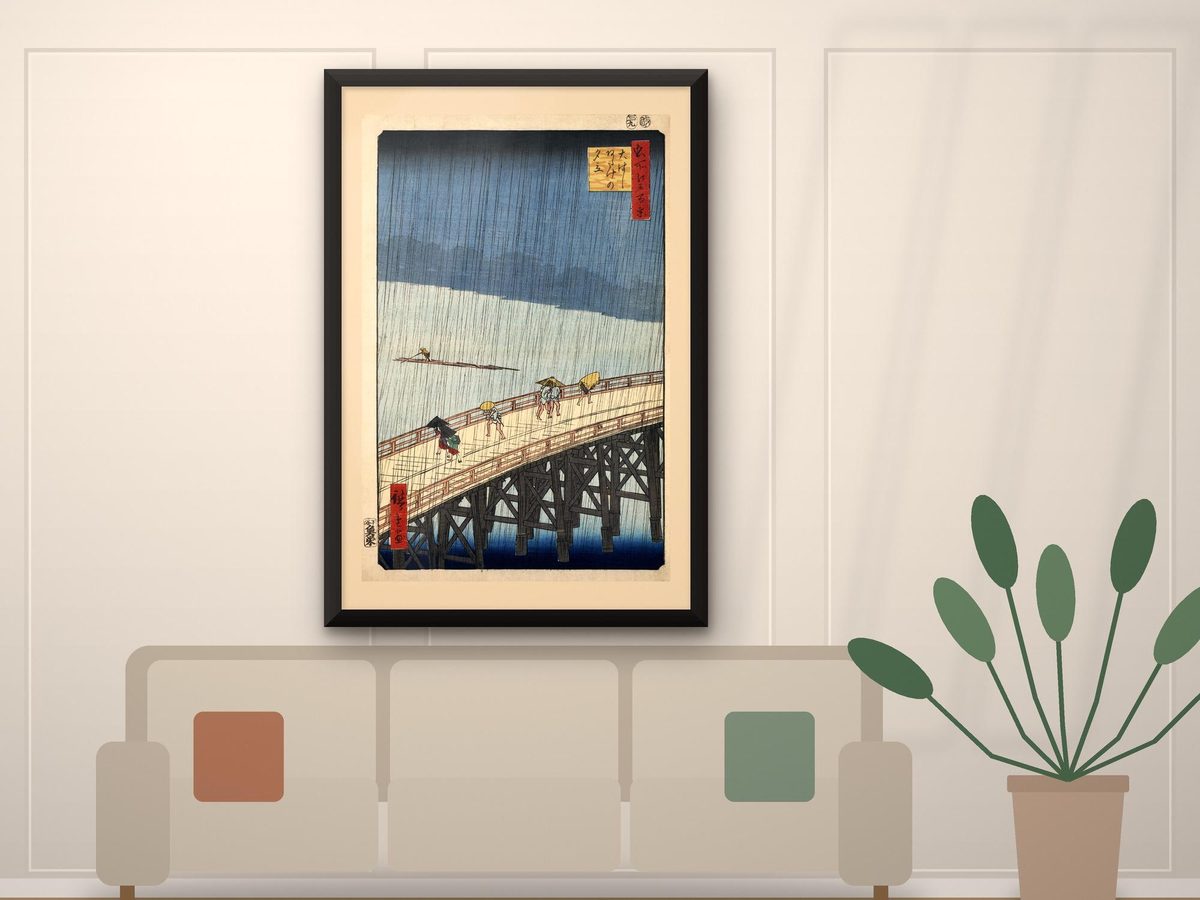 Utagawa Hiroshige Sudden Shower over Shin-Ohashi Bridge 1857 Print, Ukiyo-e Woodblock Art (Framed or Unframed)