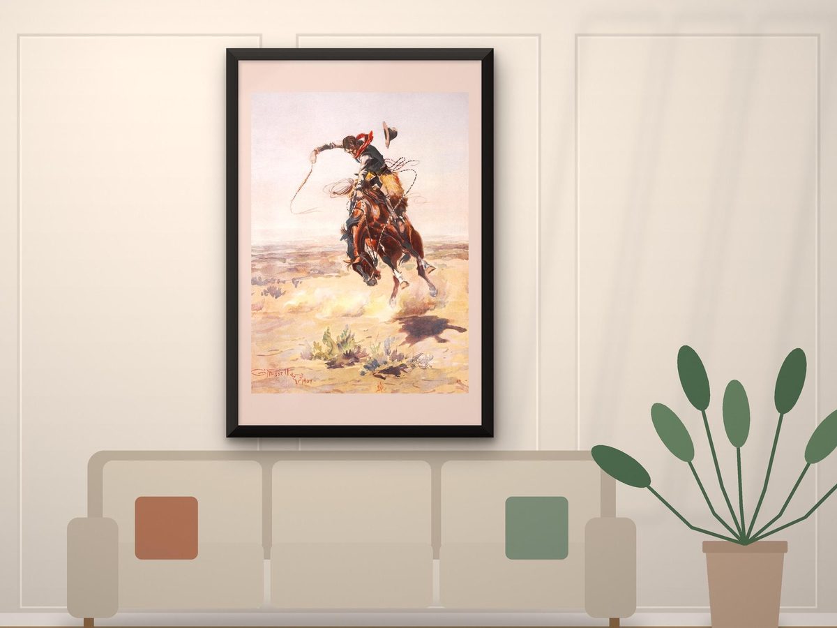 Charles M. Russell A Bad Hoss 1904 Print, Cowboy Bronco Painting, Western Wall Art, Cabin Decor, Vintage Poster