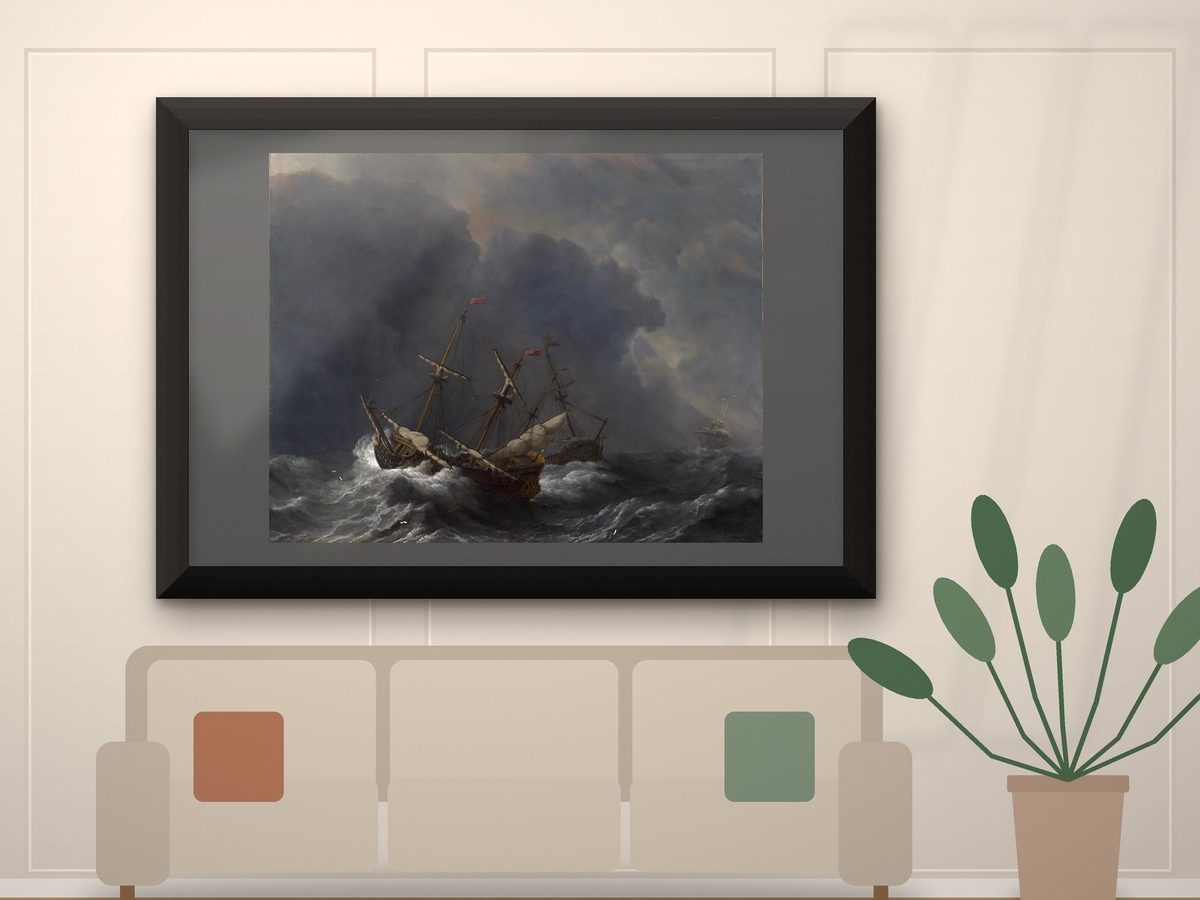 Willem van de Velde Three Ships in a Gale Print, 17th Century Dutch Marine Painting, Nautical Wall Art (Framed or Unframed)