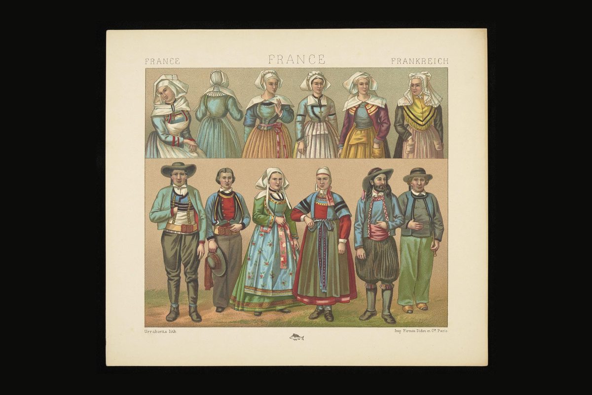 Brittany Folk Costume 1876 Print, 19th Century French Fashion Plate, Breton Traditional Dress (Public Domain)