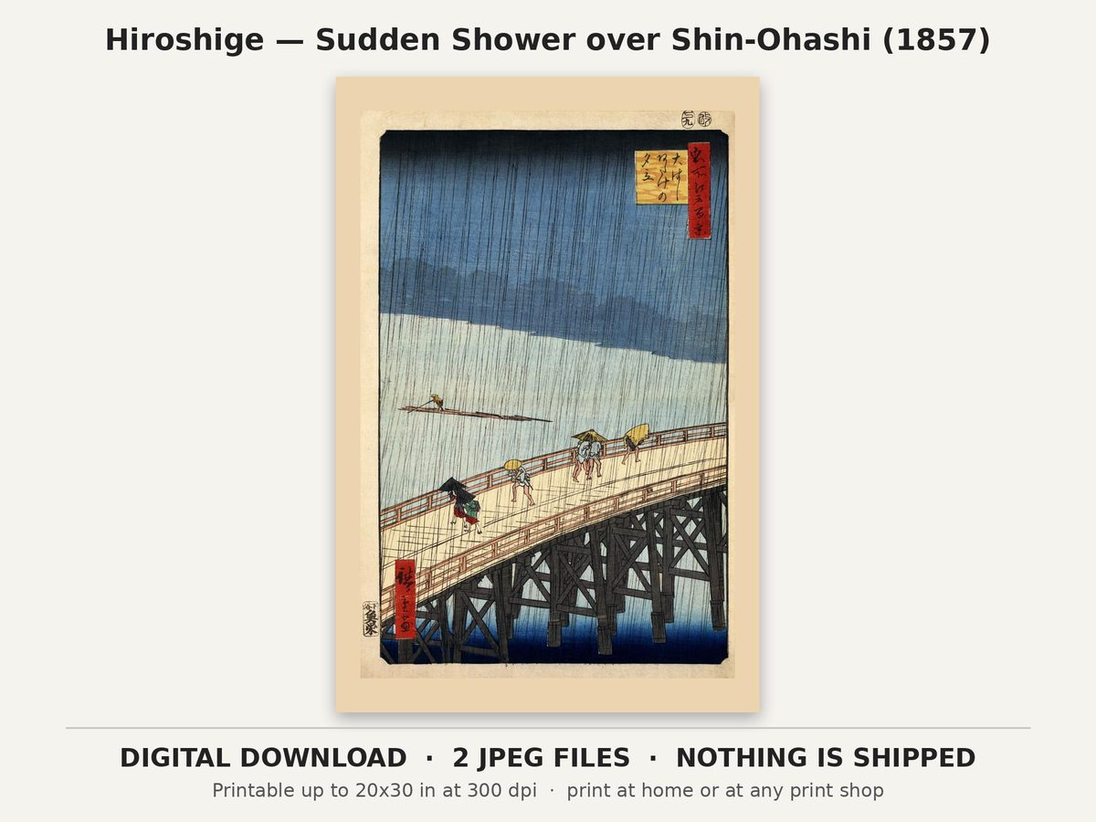 Utagawa Hiroshige Sudden Shower over Shin-Ohashi Bridge 1857 Printable, Japanese Woodblock, Digital Download Wall Art, Japan Decor