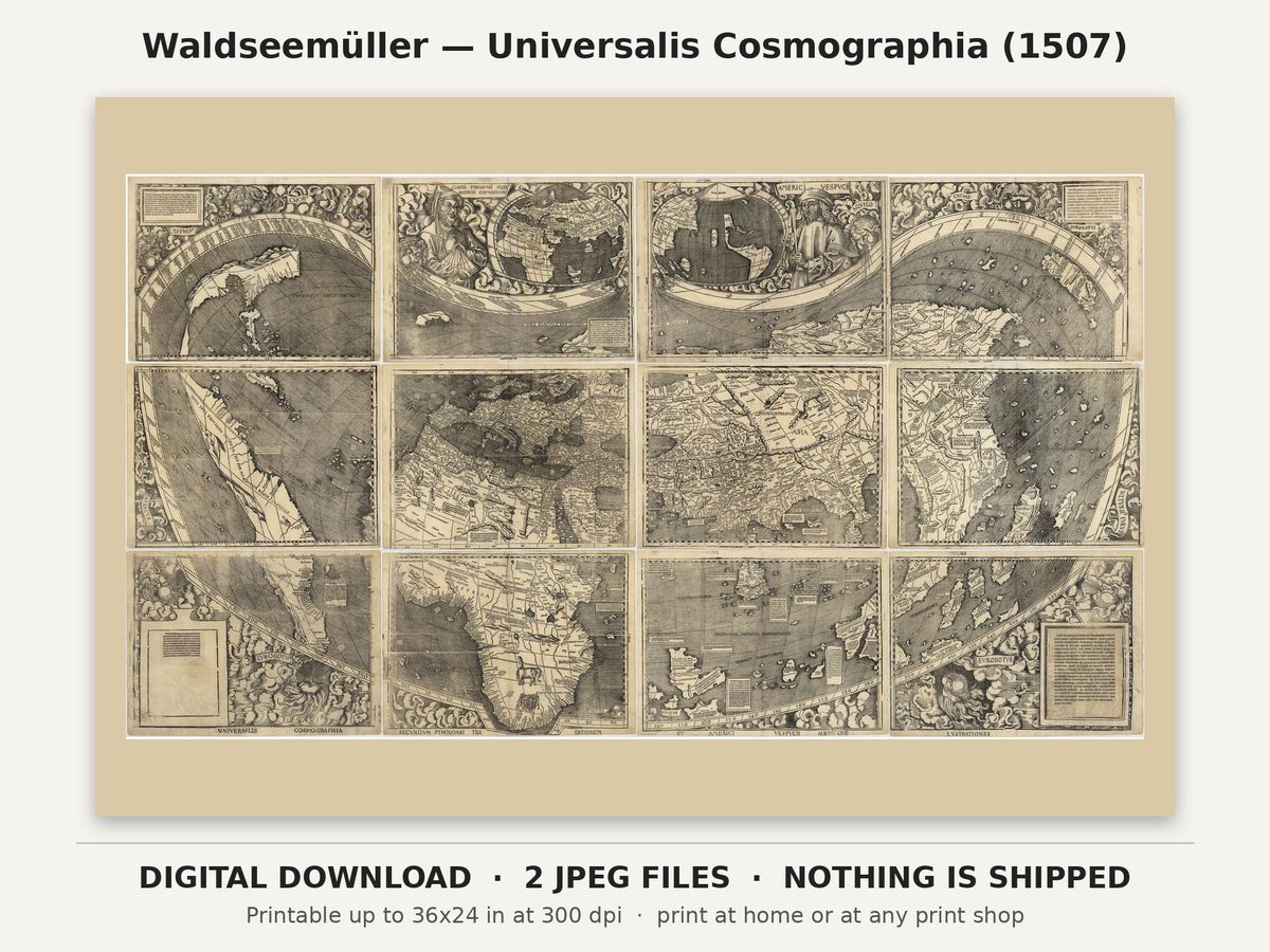 Martin Waldseemuller 1507 World Map Printable, Universalis Cosmographia Antique Map, Digital Download Wall Art, Office Decor