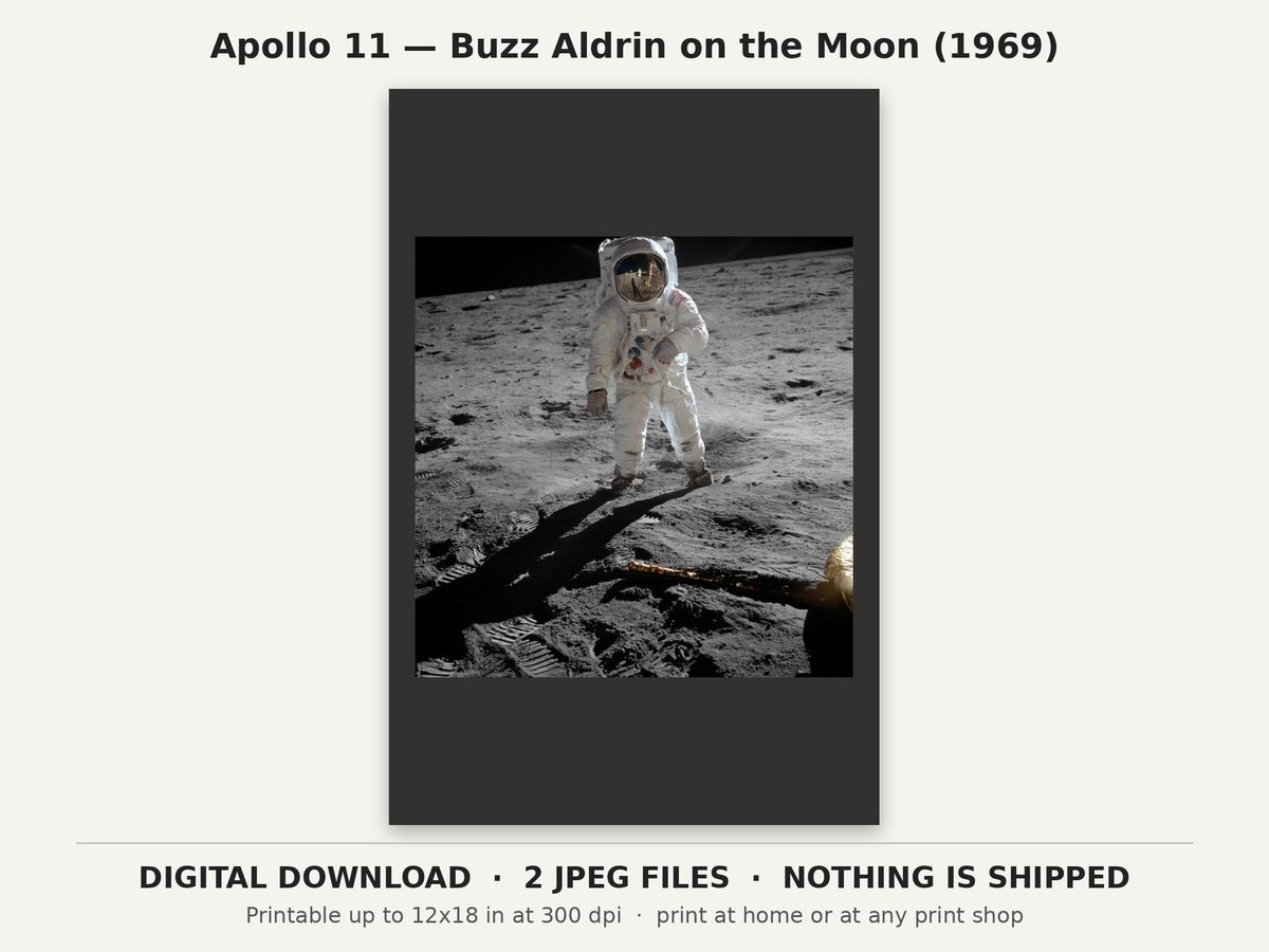Apollo 11 Moon Landing 1969 Printable, Buzz Aldrin NASA Photo, Digital Download Wall Art, Space Room Decor