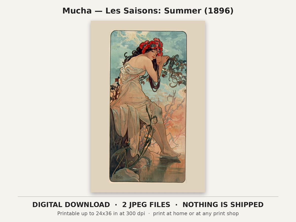 Alphonse Mucha Summer 1896 Printable, Les Saisons Art Nouveau, Digital Download Wall Art, Bedroom Decor