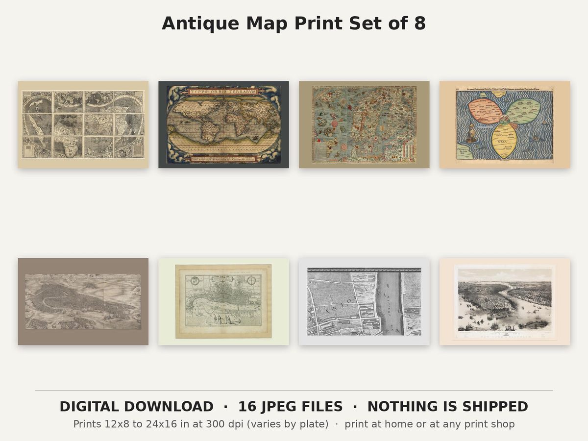 Waldseemuller 1507, Ortelius 1570, Carta Marina 1539 Antique Map Print Set of 8, Vintage World Map Gallery Wall (Digital Download)