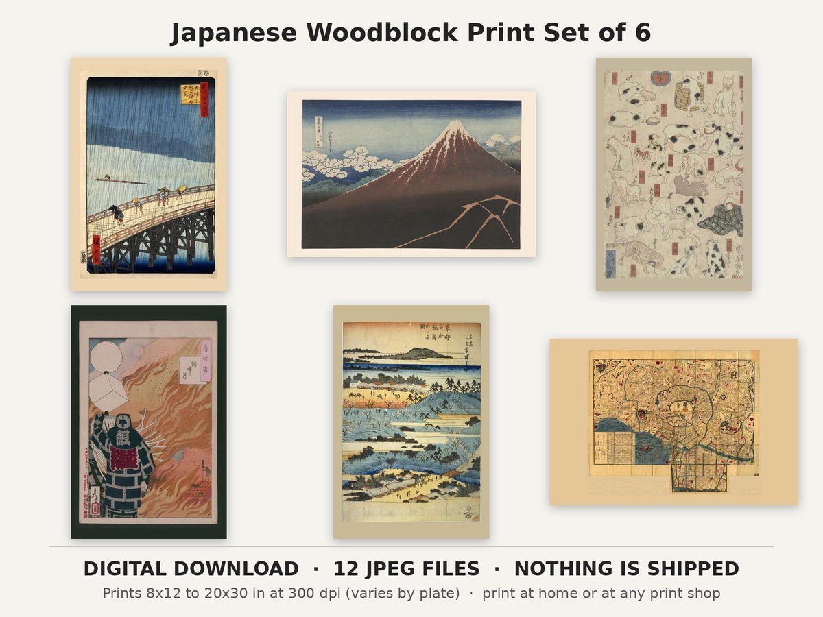 Hiroshige, Hokusai, Kuniyoshi, Yoshitoshi Japanese Woodblock Print Set of 6, Ukiyo-e Printable Wall Art, Digital Download Gallery Set