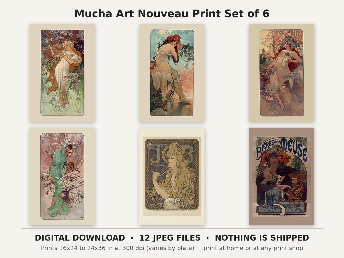 Alphonse Mucha Art Nouveau Print Set of 6, Les Saisons 1896, JOB, Bieres de la Meuse, Printable Wall Art, Digital Download Gallery Set