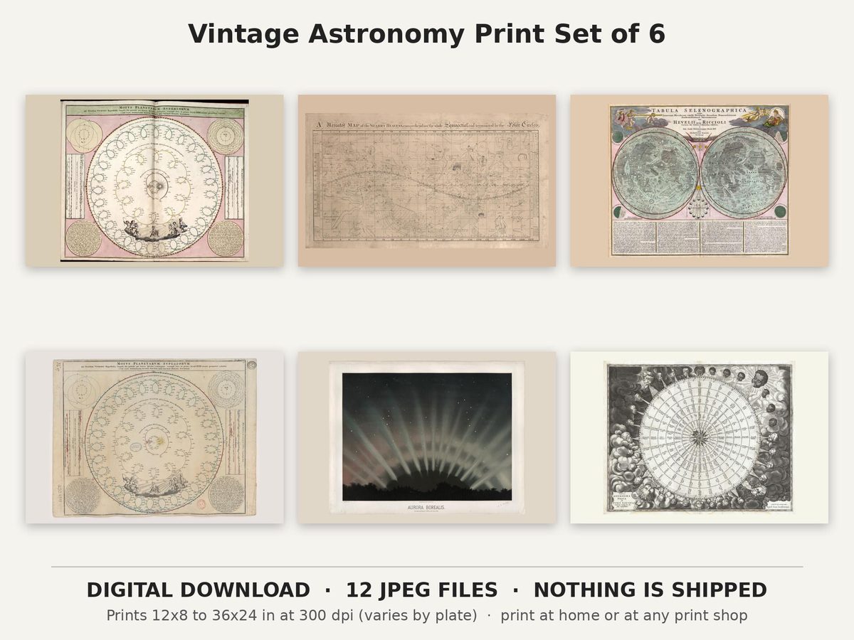 Antique Astronomy Print Set of 6, Cellarius Harmonia Macrocosmica, Croswell 1810 Star Chart, Celestial Printable Wall Art, Digital Download