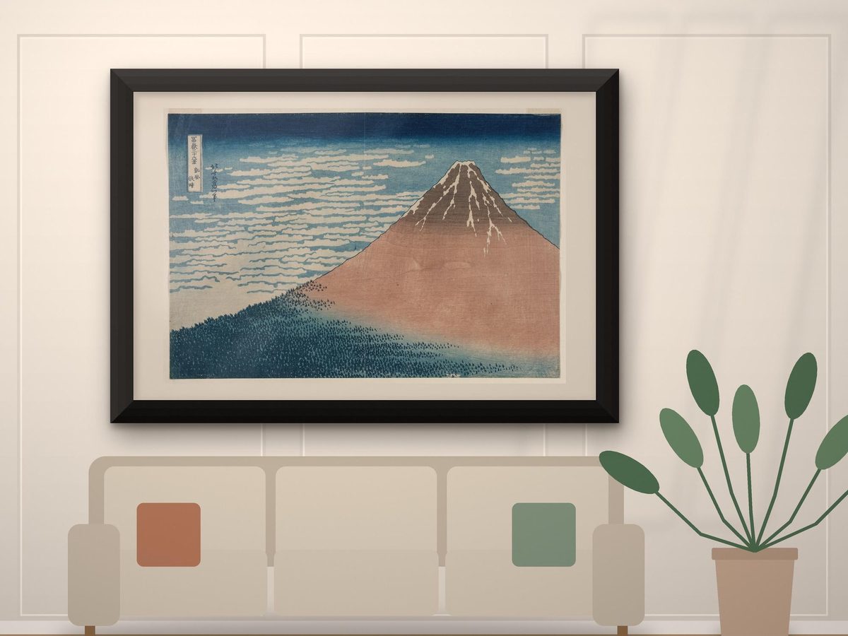 Hokusai Red Fuji c1831 Print, Fine Wind Clear Morning, Japanese Woodblock Art, Mount Fuji Dawn (Framed Canvas)