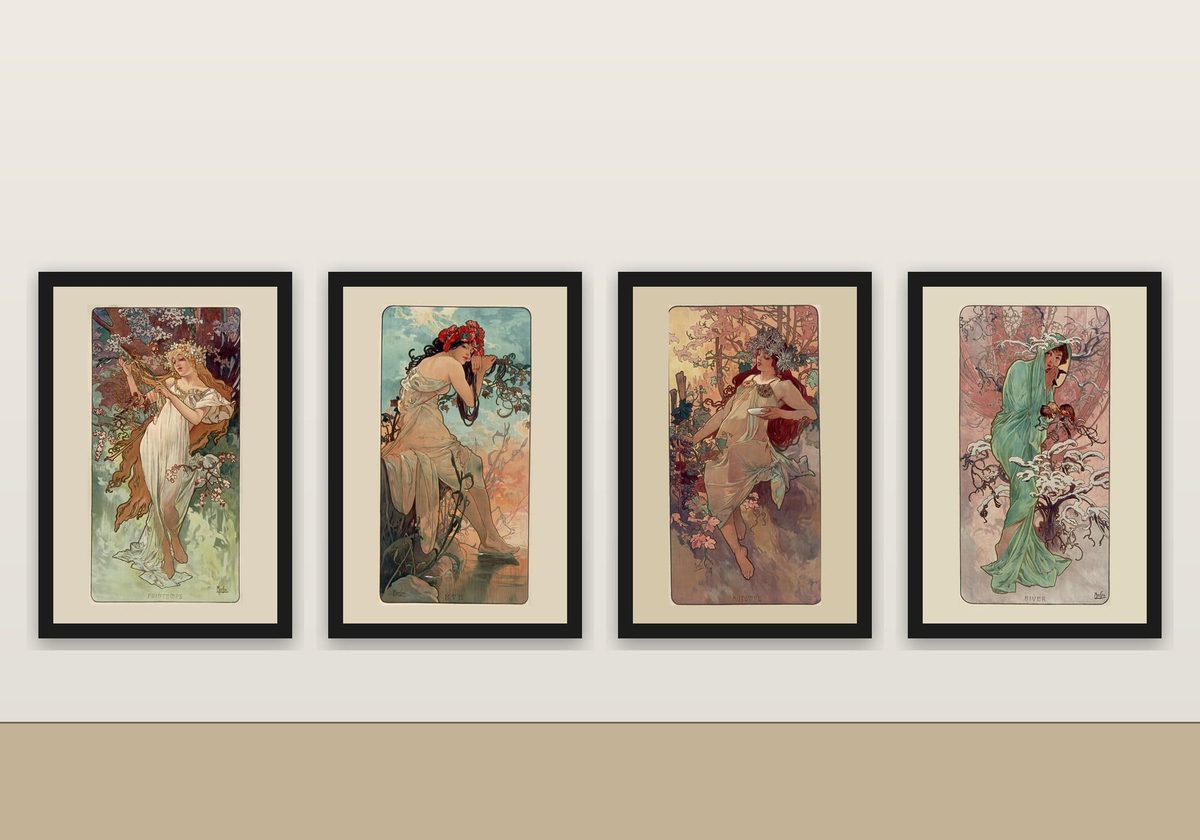 Alphonse Mucha Les Saisons 1896 Print Set of 4, Four Seasons Art Nouveau Wall Art, Matching Poster or Framed Print Set