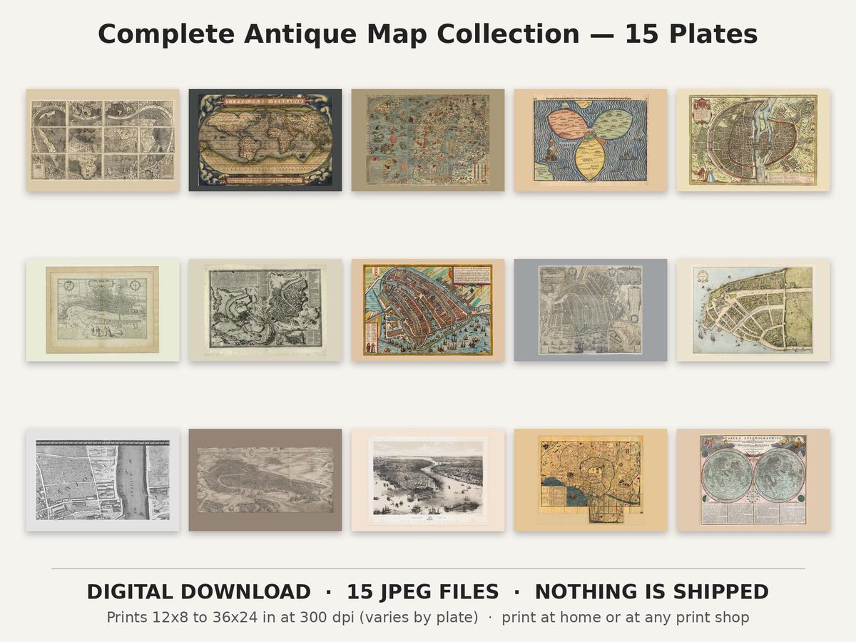 Antique Map Collection of 15, Waldseemuller 1507, Ortelius 1570, Braun Hogenberg 1572, Vintage World and City Maps, Digital Download