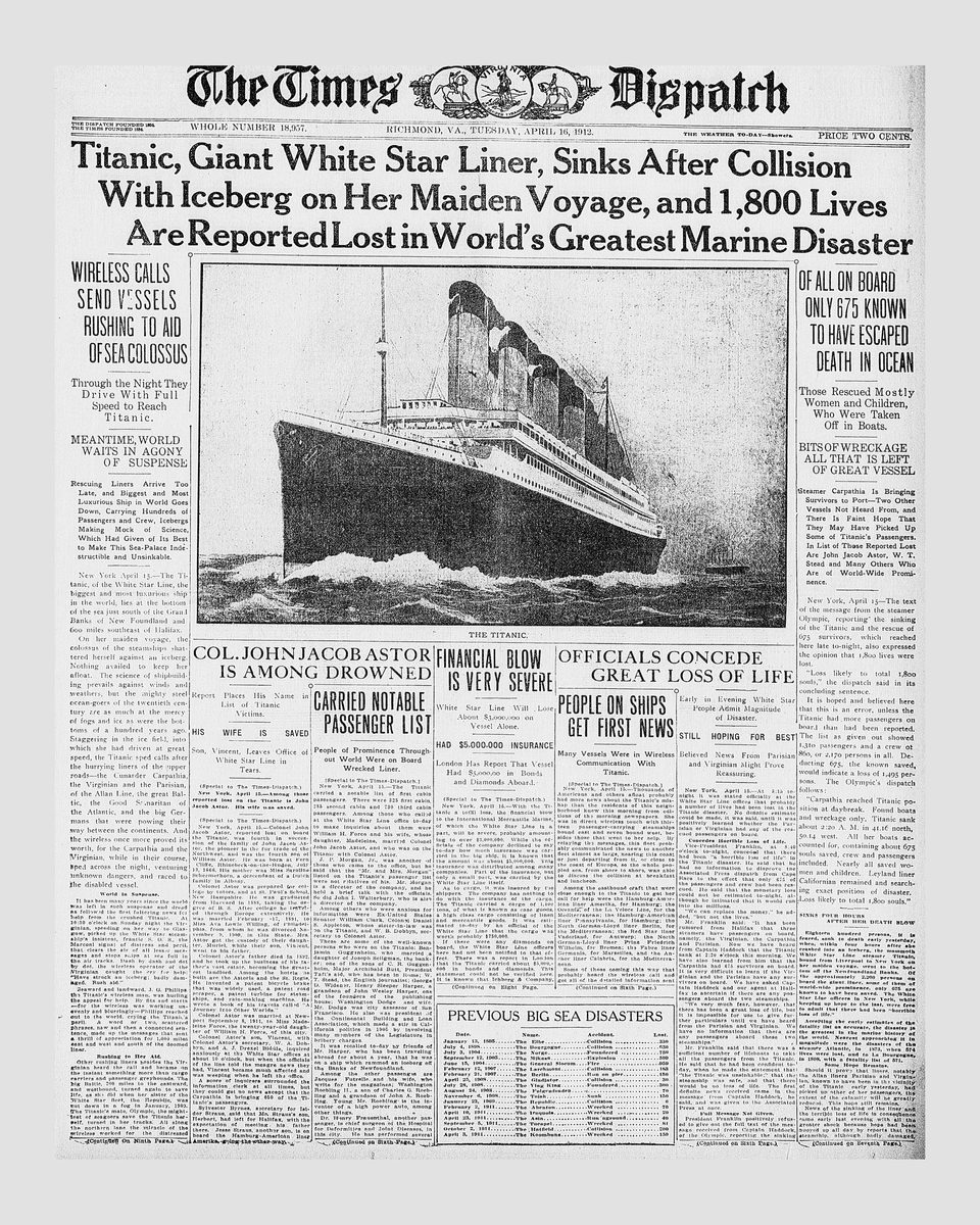 Titanic Headline Newspaper Print, Times-Dispatch April 16 1912 Front Page, Titanic Disaster Vintage Newspaper Wall Art