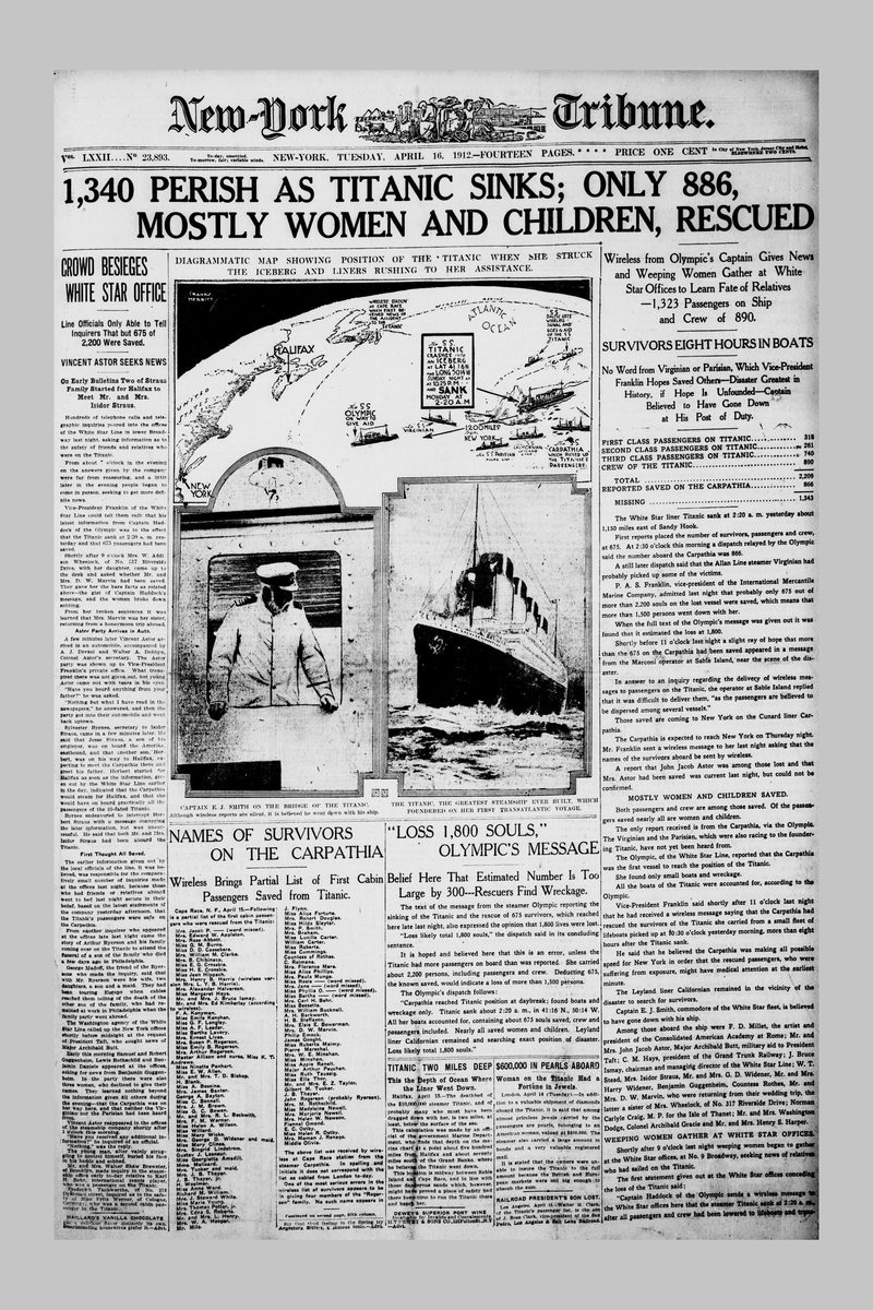 Titanic Newspaper Front Page Print, New York Tribune April 16 1912, RMS Titanic Sinks Headline, Vintage Newspaper Wall Art