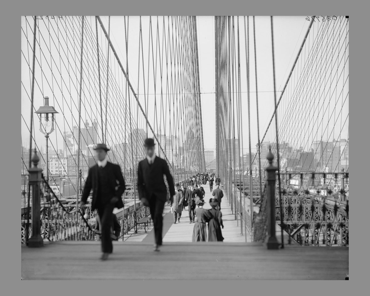 Brooklyn Bridge Promenade Photo c1900, Vintage New York Print, Detroit Publishing Old NYC Photograph, Black and White Wall Art