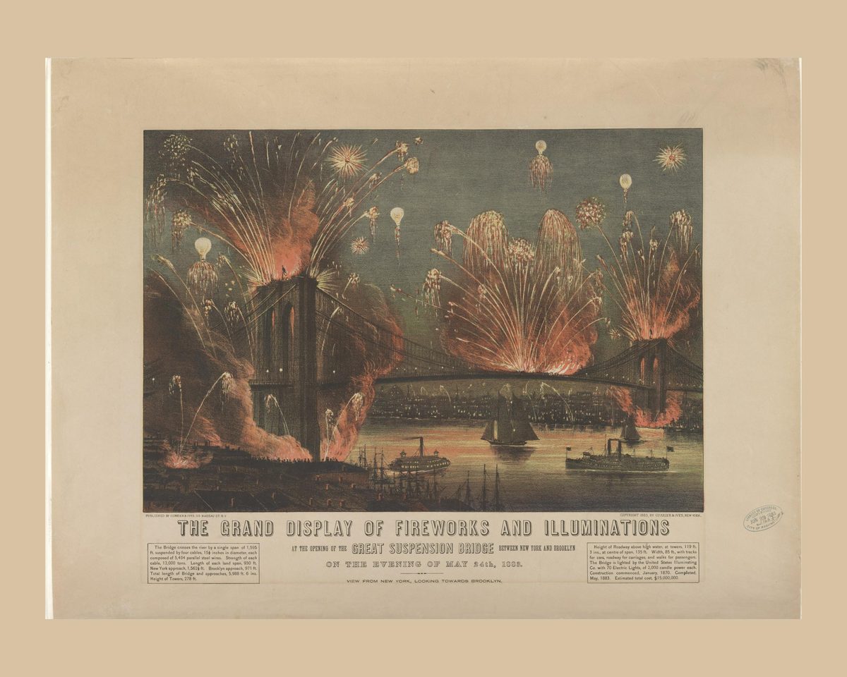 Brooklyn Bridge Opening Fireworks 1883 Print, Vintage New York Lithograph, Antique NYC Celebration Wall Art, East River Bridge Poster