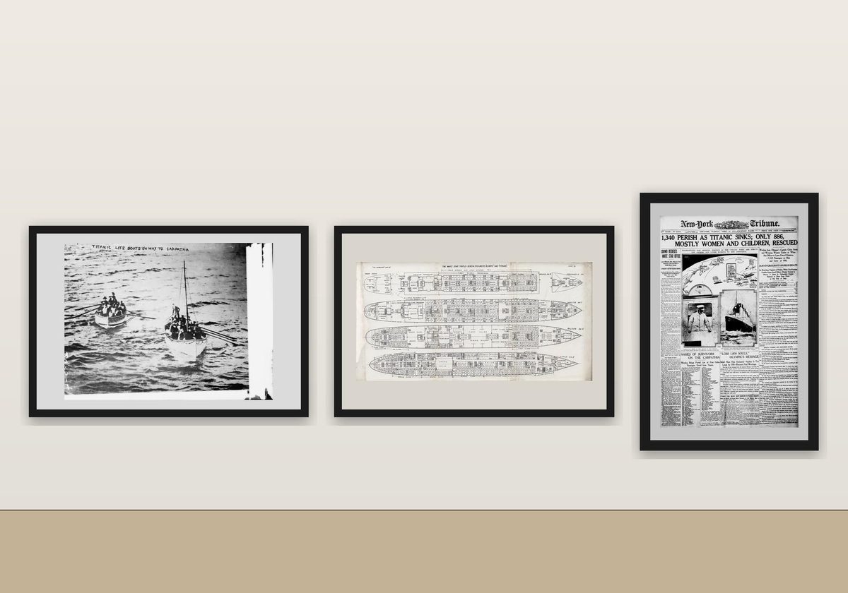 Titanic Print Set of 3, 1912 Lifeboats Photo + Deck Plans + Newspaper Front Page, RMS Titanic Wall Art Gallery Set