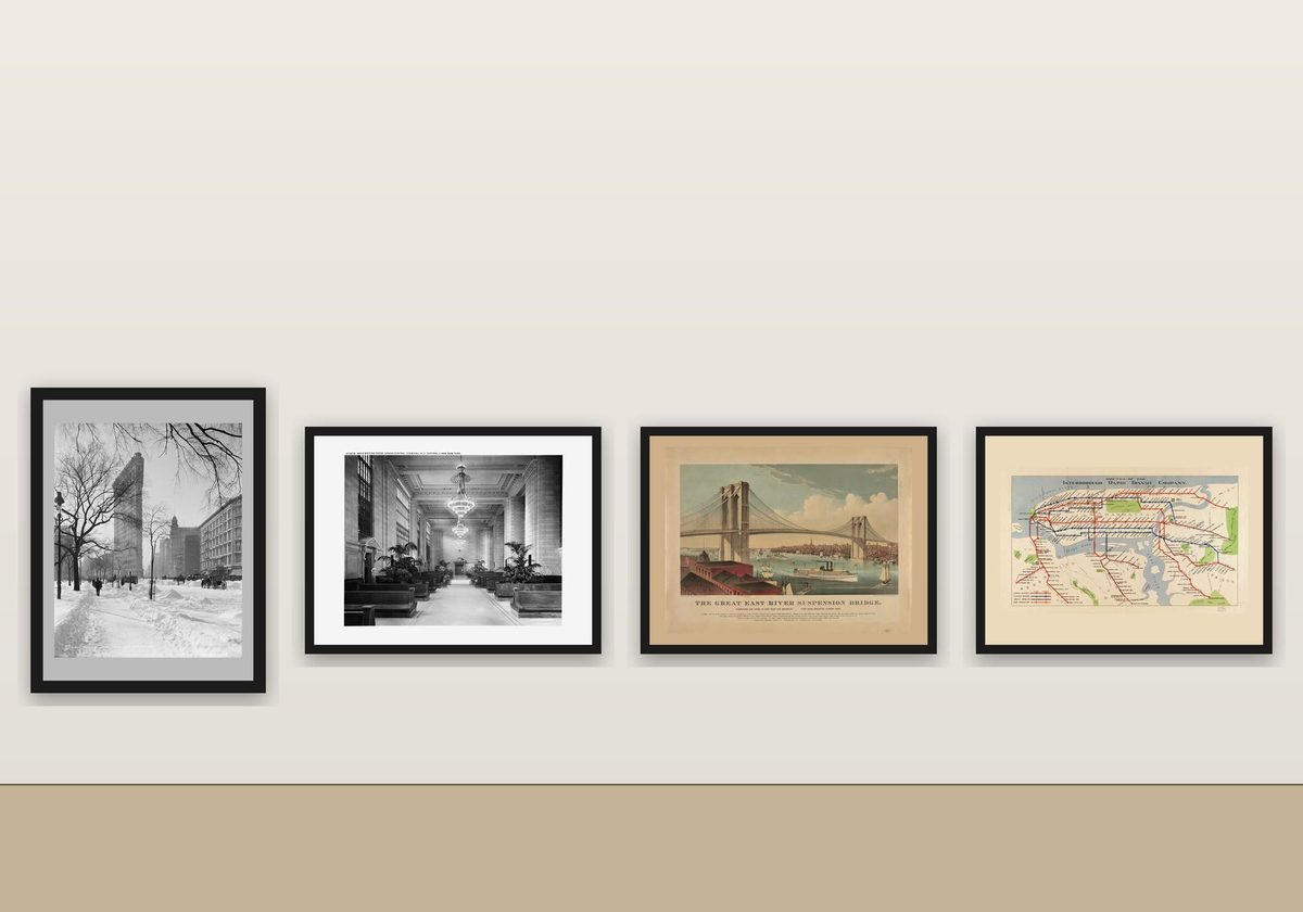 Old New York Print Set of 4, Flatiron Building, Grand Central, Brooklyn Bridge, 1924 Subway Map, Vintage NYC Wall Art