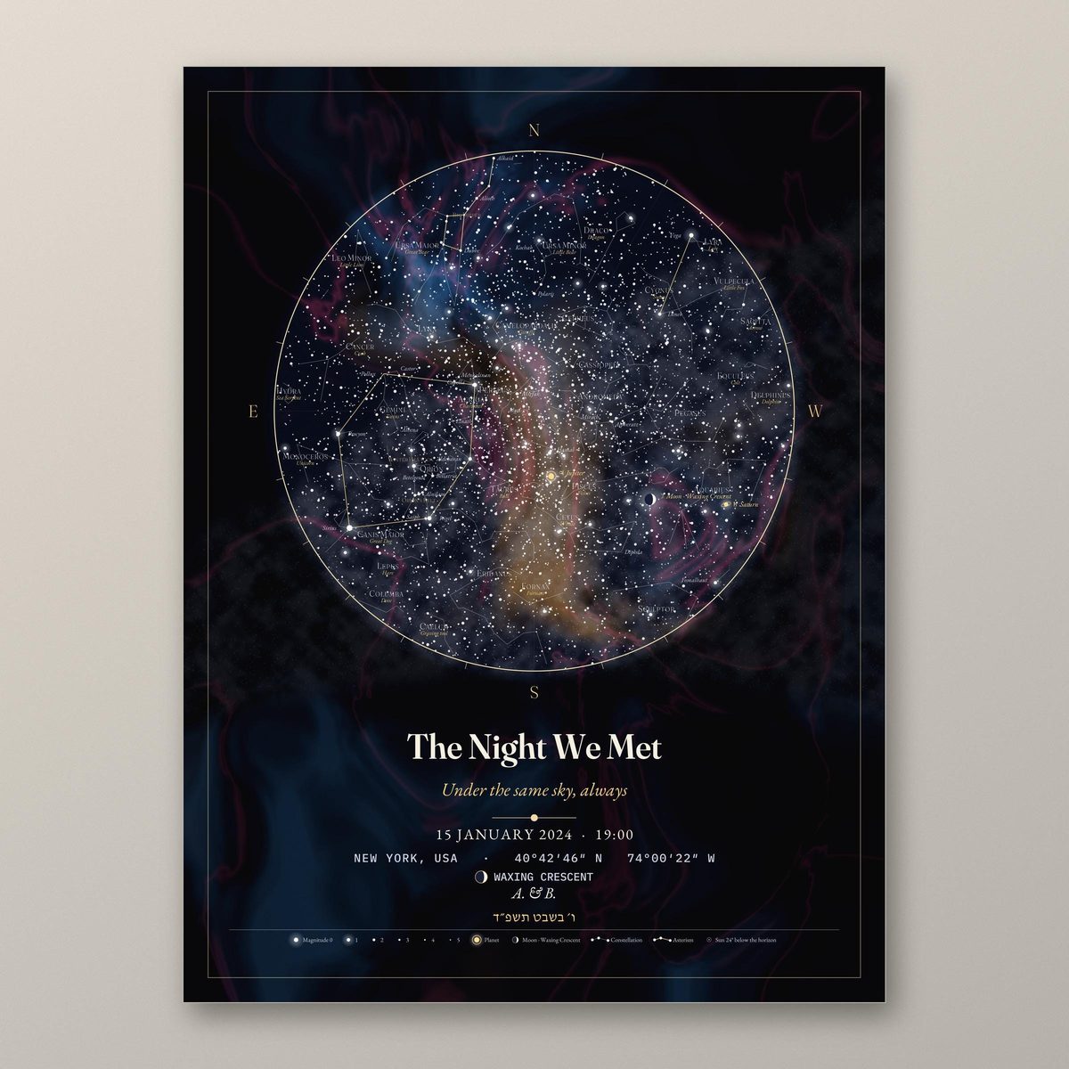 Custom Star Map Print, Personalized Night Sky Poster, Anniversary Gift, Birth Star Map, Framed or Unframed, Moon Phase & Coordinates
