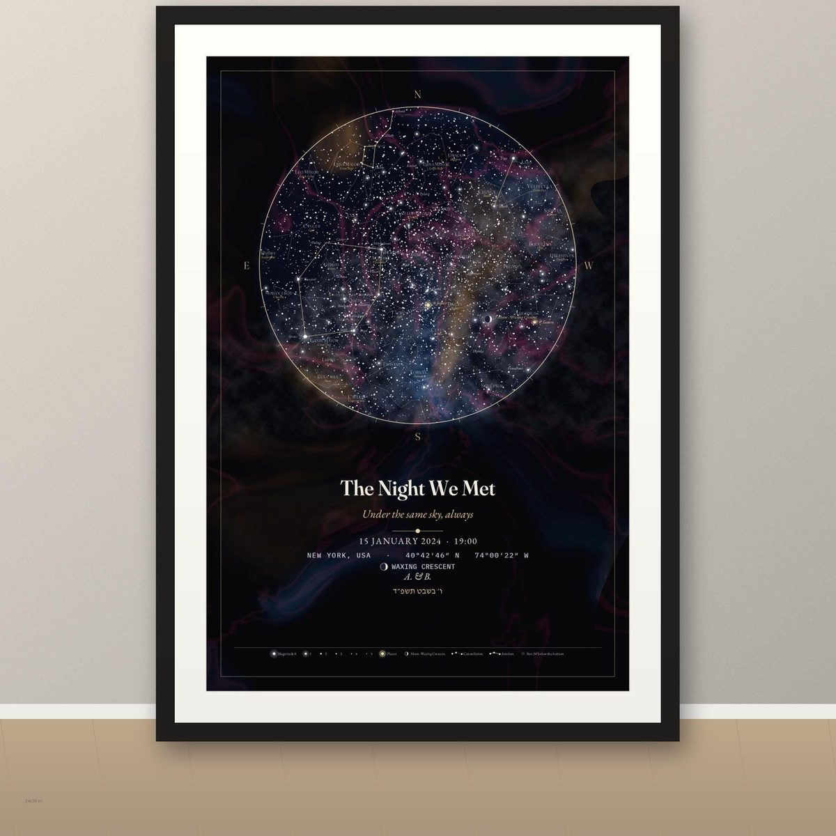 Custom Star Map Print, Large 24x36 Personalized Night Sky Poster, Anniversary Gift, Birth Star Map, Framed or Unframed, Moon Phase