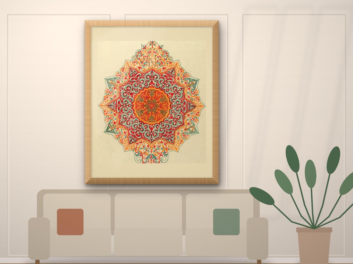 Owen Jones 1845 Alhambra Plate LI Polychrome Ceiling Medallion, Islamic Medallion Print, Moorish Rosette Wall Art, Chromolithograph