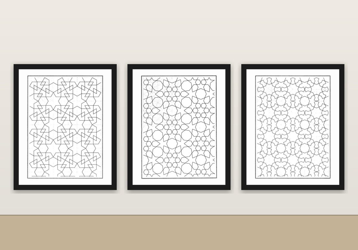Jules Bourgoin 1879 Islamic Geometric Print Set of 3, Les Elements de l'Art Arabe Interlace Plates, Minimalist Line Art Gallery Wall Set