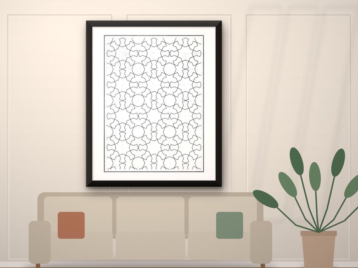 Jules Bourgoin 1879 Les Elements de l'Art Arabe Plate 109 Twelve-Point Rosette Lattice, Islamic Geometric Line Art Print, Monochrome