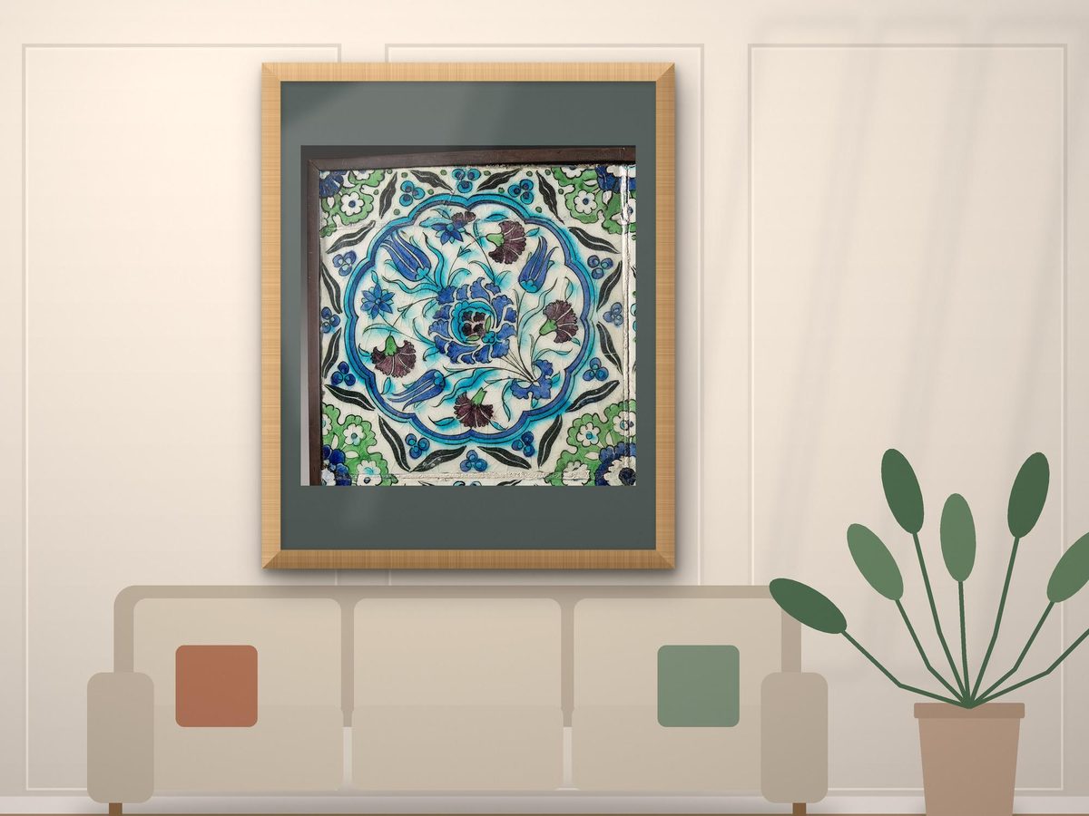 Iznik Wall Tile 1600s Saz Leaf & Carnation Roundel Ottoman Turkey, Turkish Tile Print, Islamic Ceramic Wall Art, Blue Turquoise